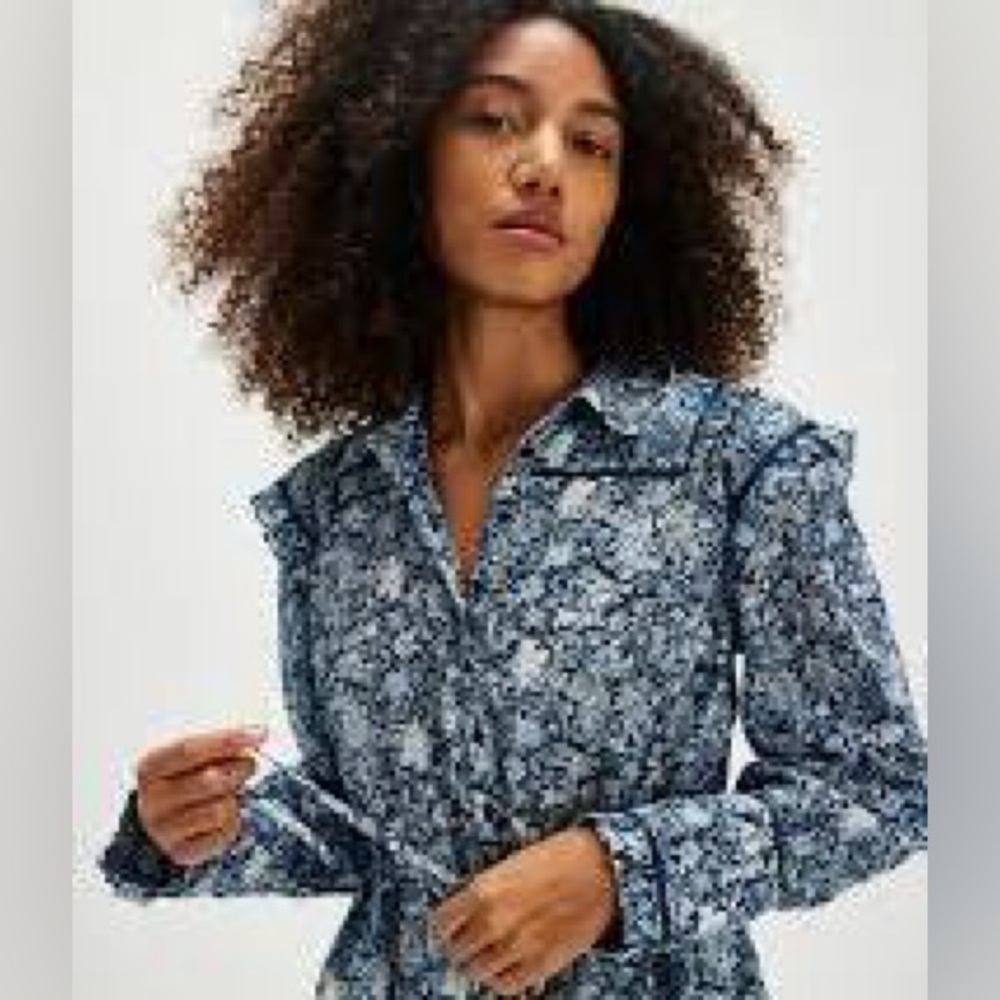 Free People Blue Floral Spring Cotton Printed Daybreak Blouse Ruffle Small Boho